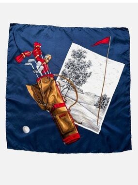 Vintage Golf Scarf Golf Bag Course Print Rolled Edge Navy Preppy Country Club